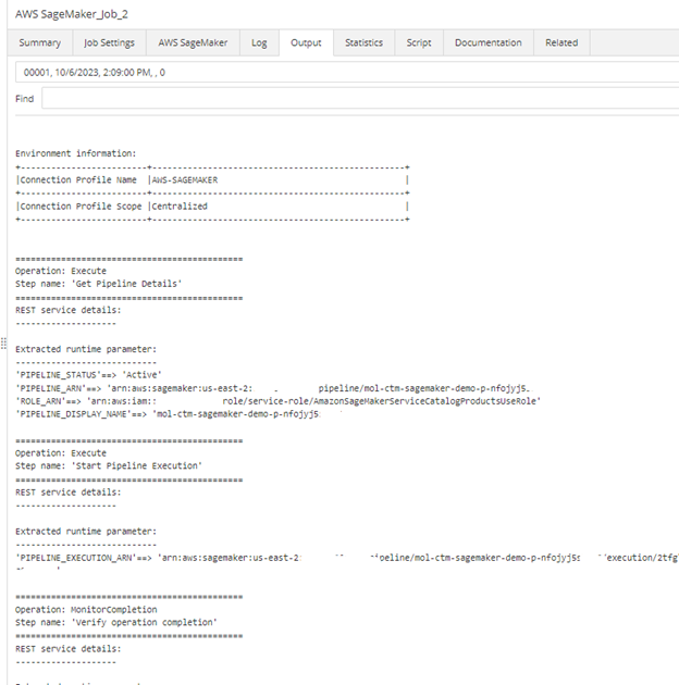 Abbildung 6. Ansicht der Amazon SageMaker-Jobausgabe aus der Control-M Monitoring-Domäne.