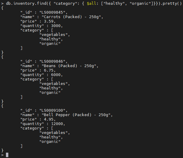 MongoDB $all Operator-Beispiel.