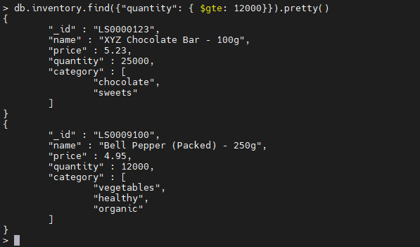 MongoDB $gte Operator-Beispiel.