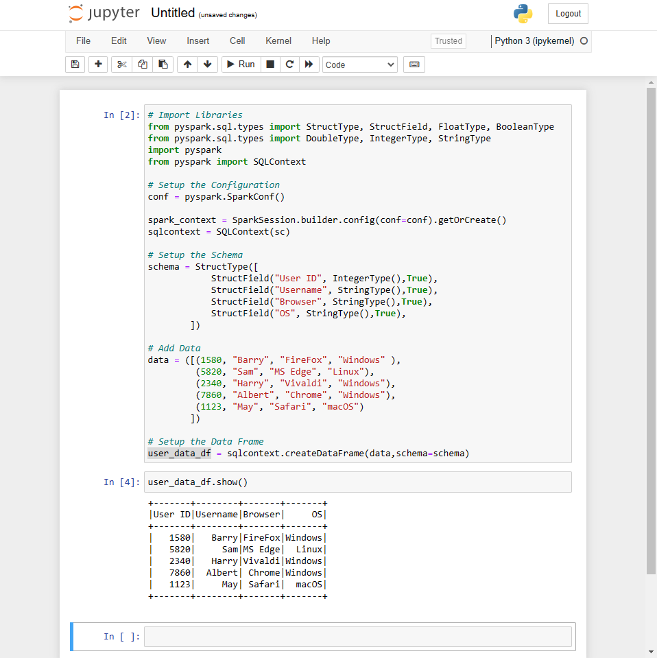Jupyter Notebook Pyspark Testausgabe