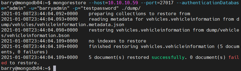 Mongostore-Wiederherstellungsbefehl für entfernte MongoDB-Instanz