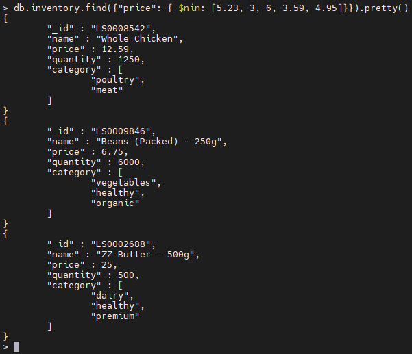 MongoDB $nin Operator Beispiel.