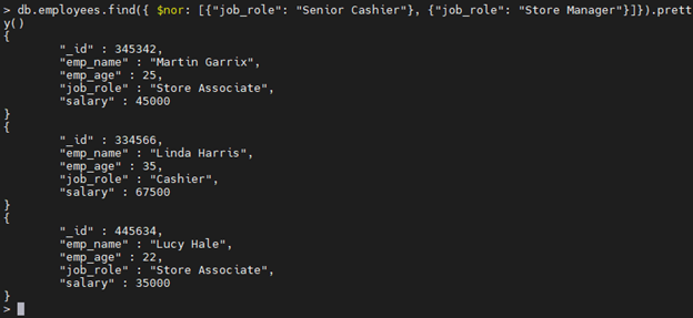 MongoDB $nor Operator-Beispiel.