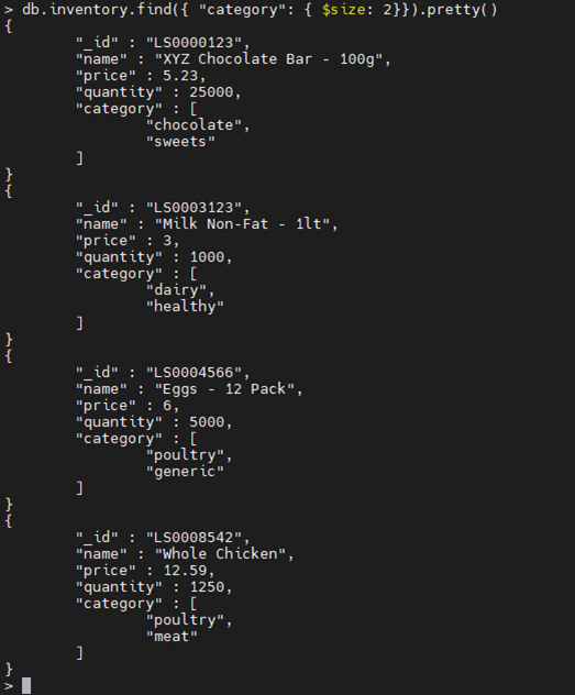 MongoDB $size Operator-Beispiel.